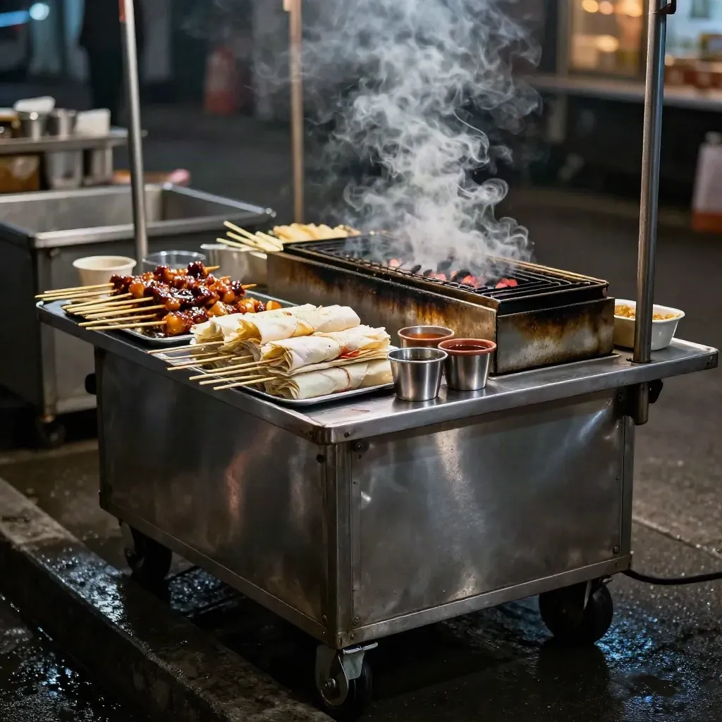 Night street-food cart with skewers, sauce cups and glowing coals, smoke rising in a diagonal frame.
