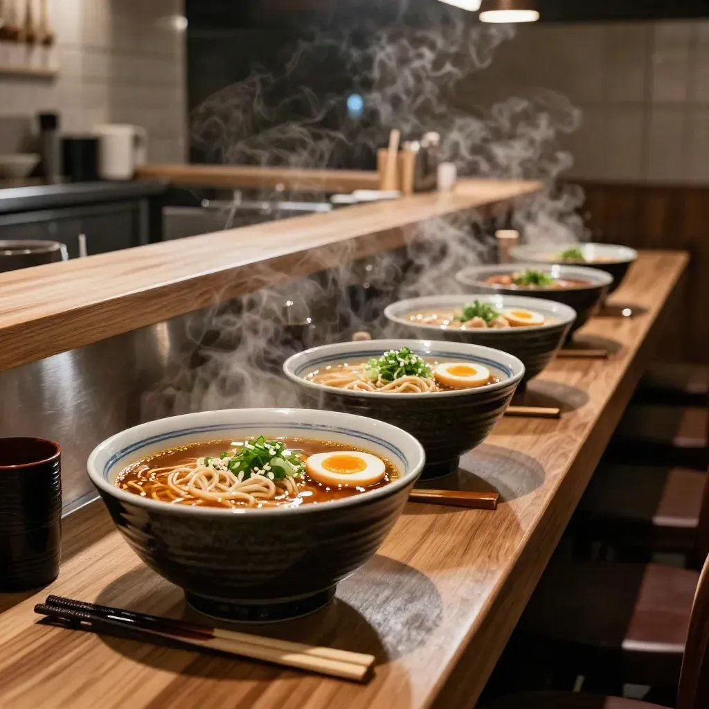 Four steaming ramen bowls line a modern counter in a moody diagonal composition.