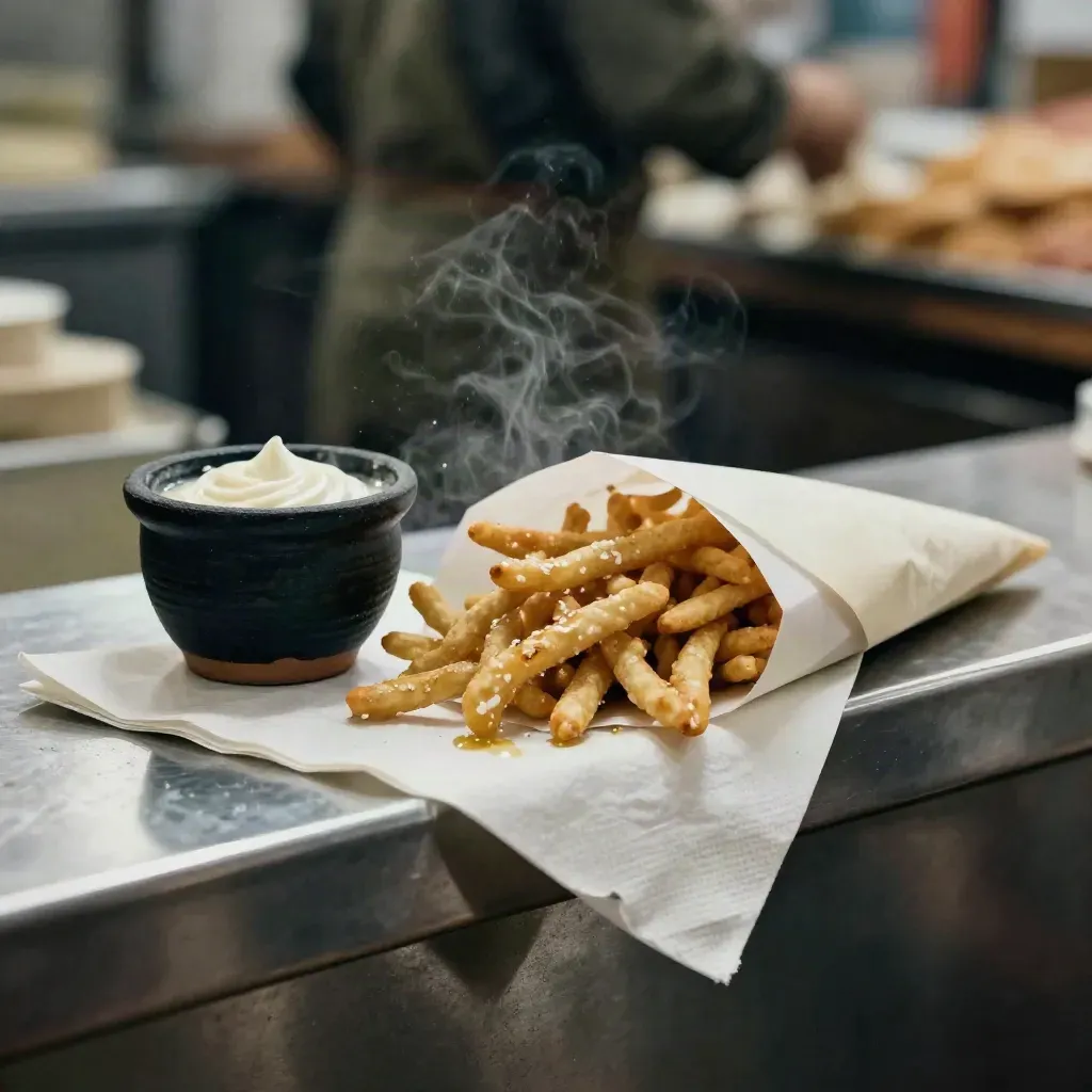 Paper cone of fried snacks with charcoal sauce cup on a stainless market ledge