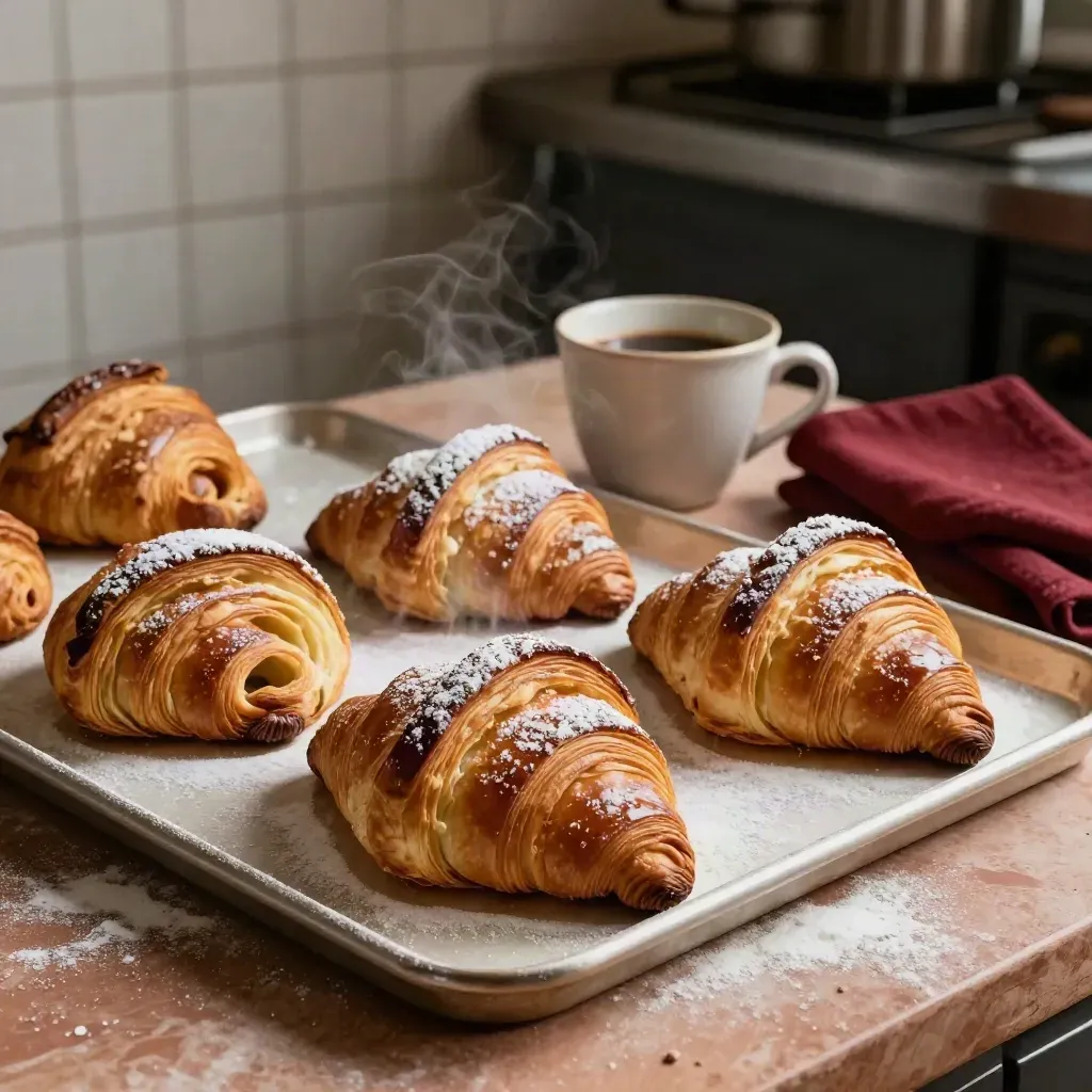 Flaky pastries on a tray with powdered sugar, a cream plate, and coffee cup in warm bakery light