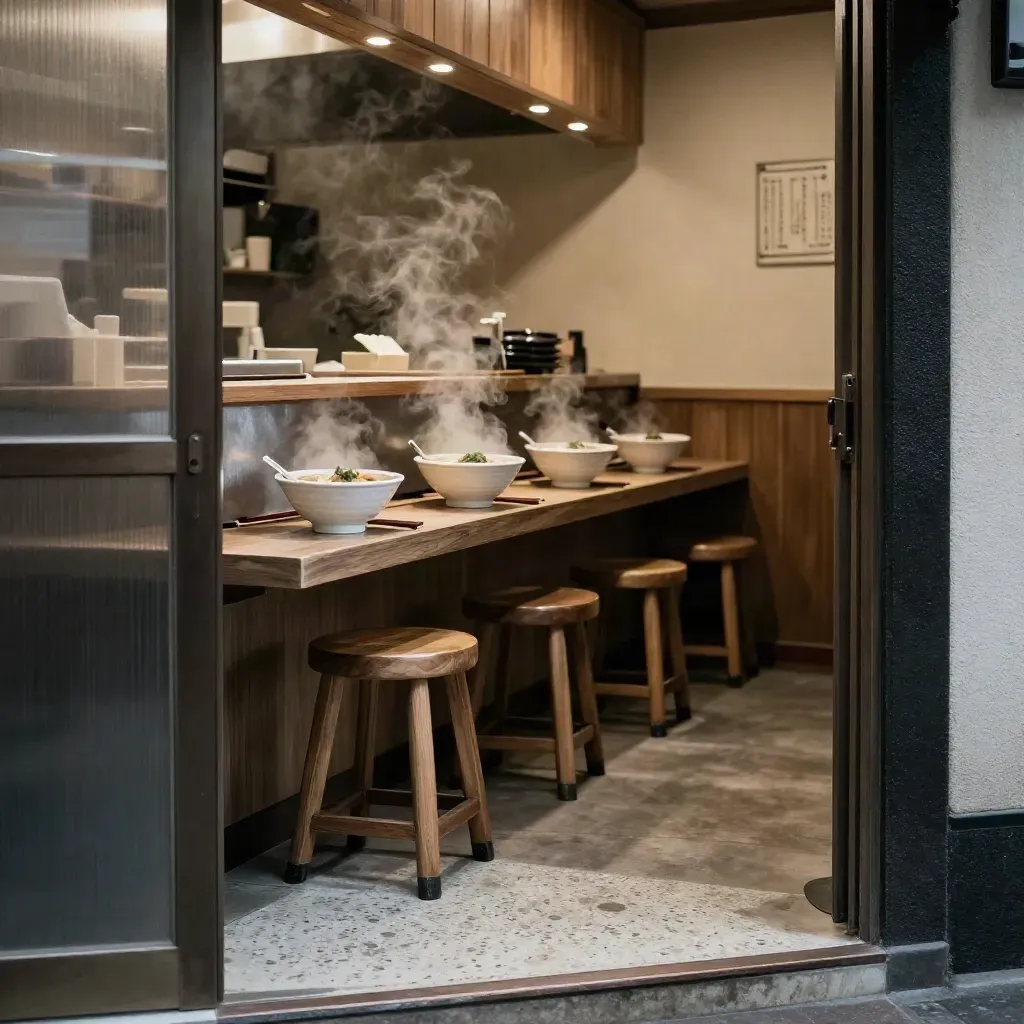 Steam fills a quiet Japan ramen doorway with three bowls, empty stools, and a diagonal counter.