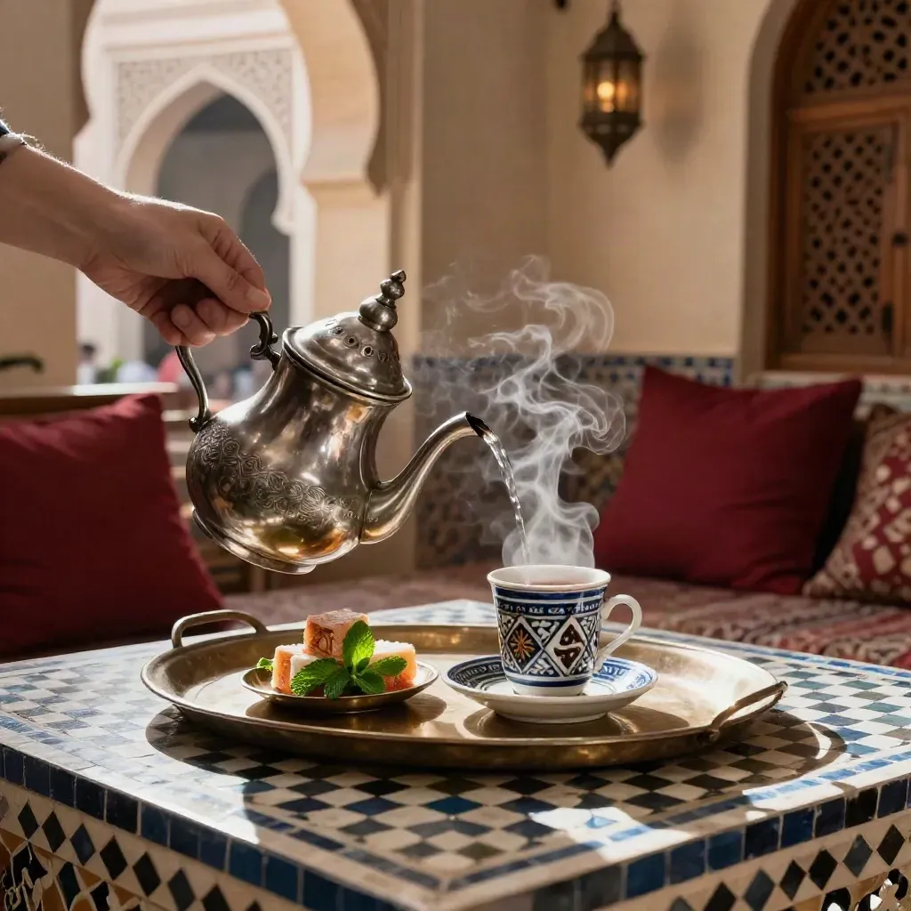 Moroccan tea tray with silver teapot, mint, almond sweets, and steam in a calm tea room