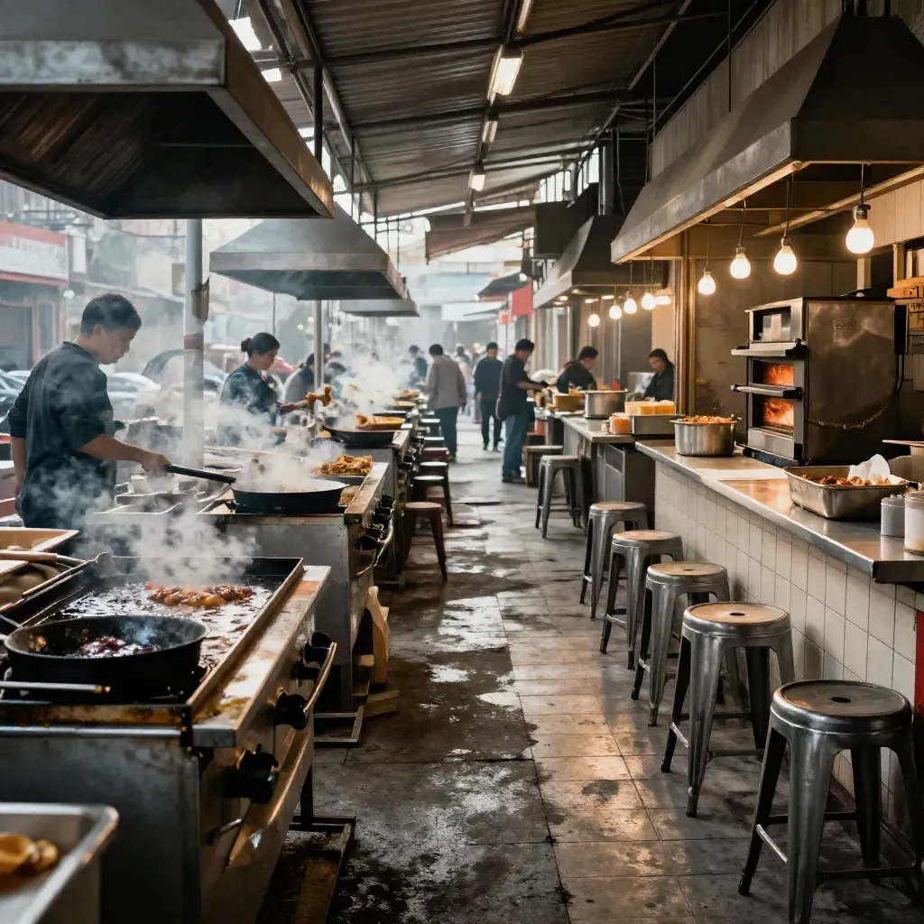 Busy food-street corridor with grills, wok stations, ovens, stacked stools and drifting steam