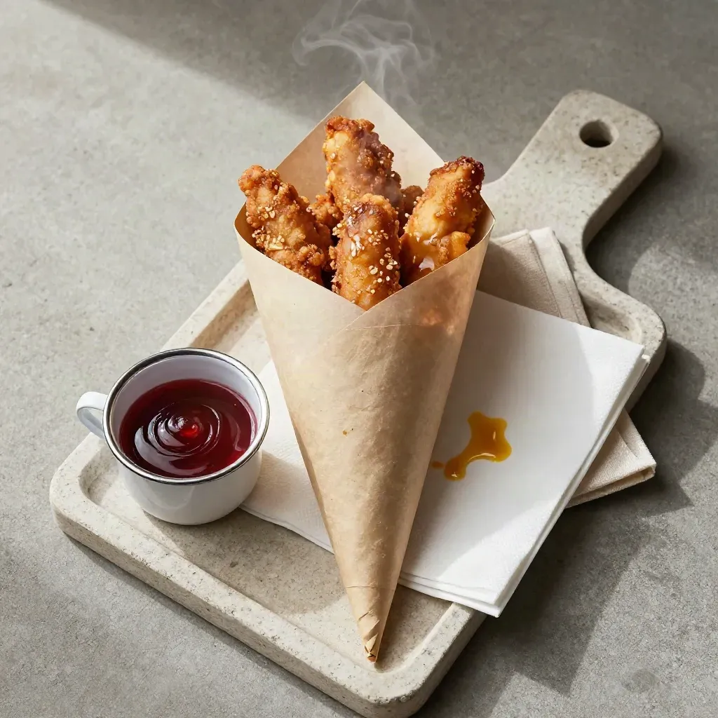 Street food cone with sauce cup and napkin on a stone tray
